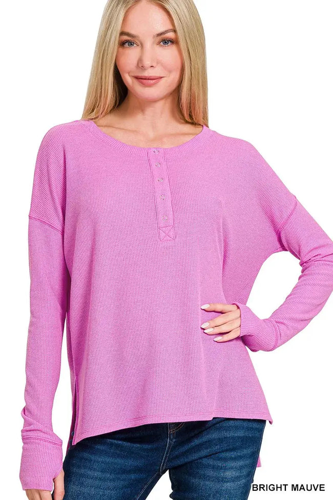 Zenana Waffle Thumb Hole Cuffs Henley Long Sleeve Shirt  Style Ratio