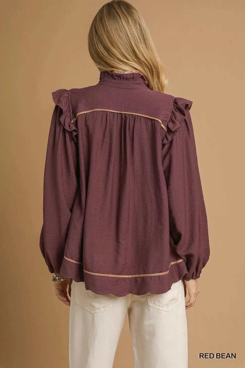 Umgee Ruffle Shoulder Long Sleeve Blouse  Style Ratio