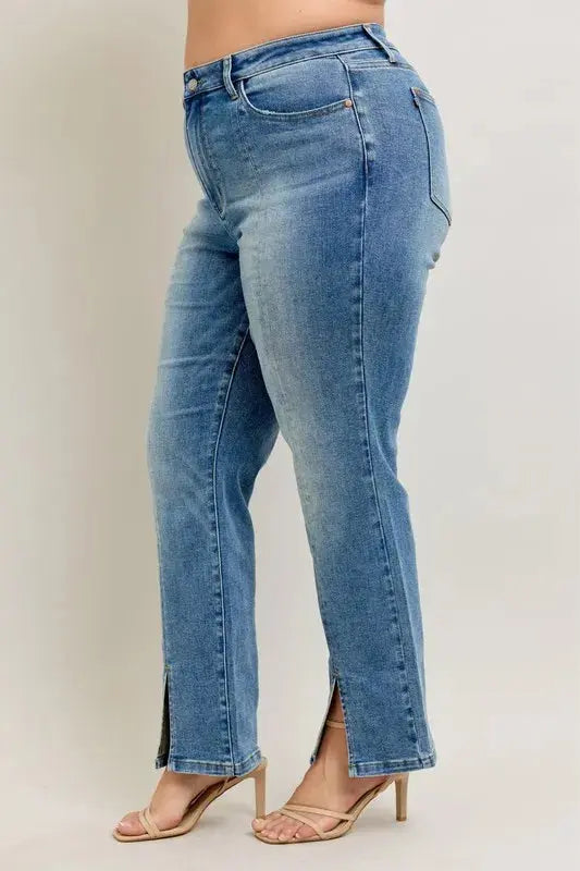 Judy Blue Full Size High Waist Vintage Wash Front Seam & Slit Straight Plus Size  Style Ratio