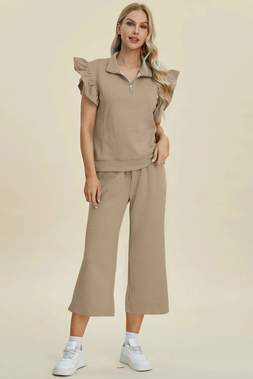 Double Take Full Size Texture Ruffle Short Sleeve Top and Wide Leg Pants Set  Style Ratio