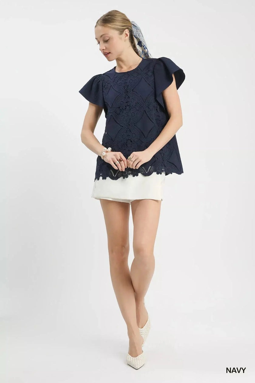 Umgee Floral Lace Overlay Flutter Sleeve Top  Style Ratio