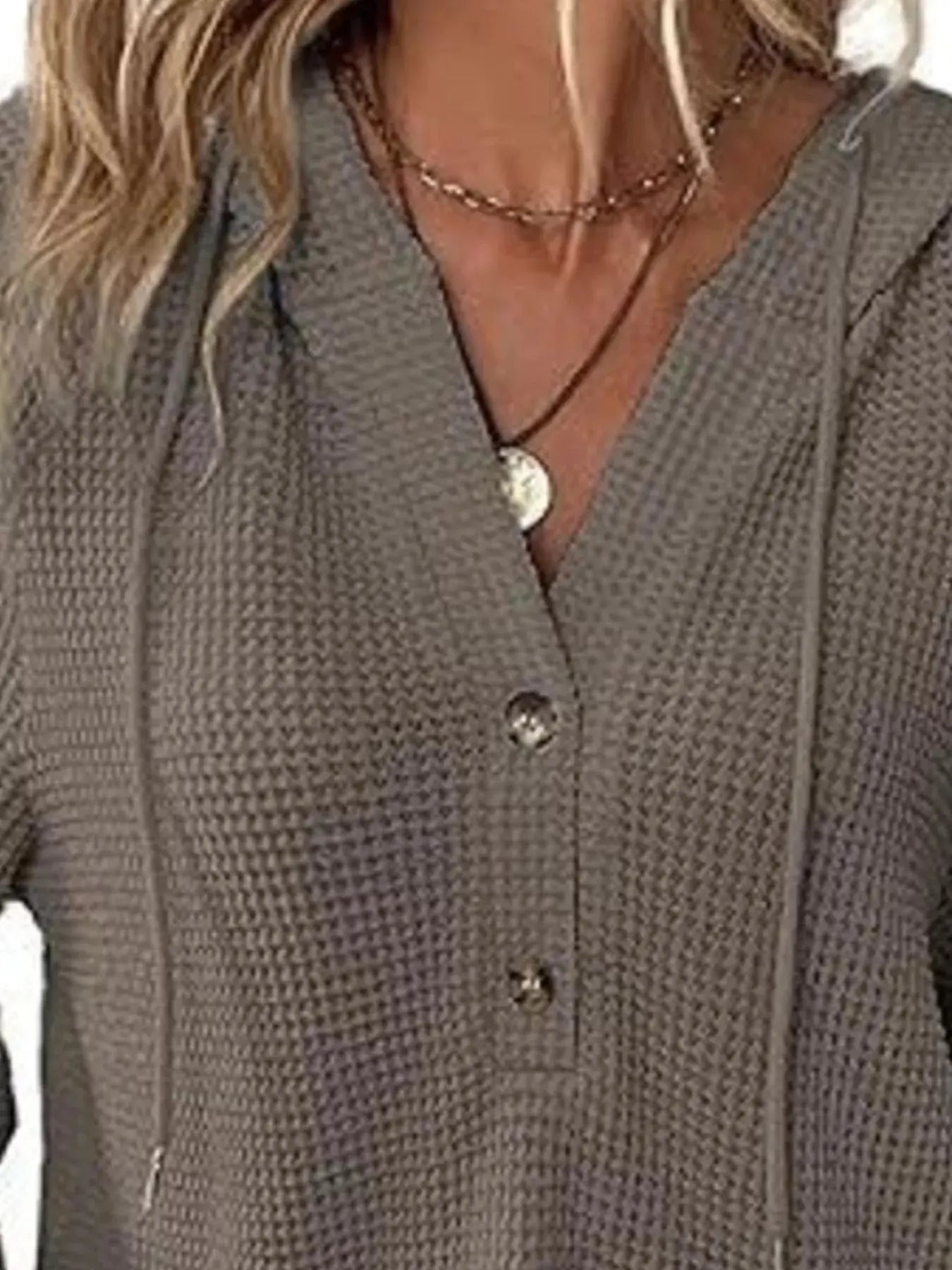 Full Size Button Detail Waffle Knit Hoodie  Style Ratio
