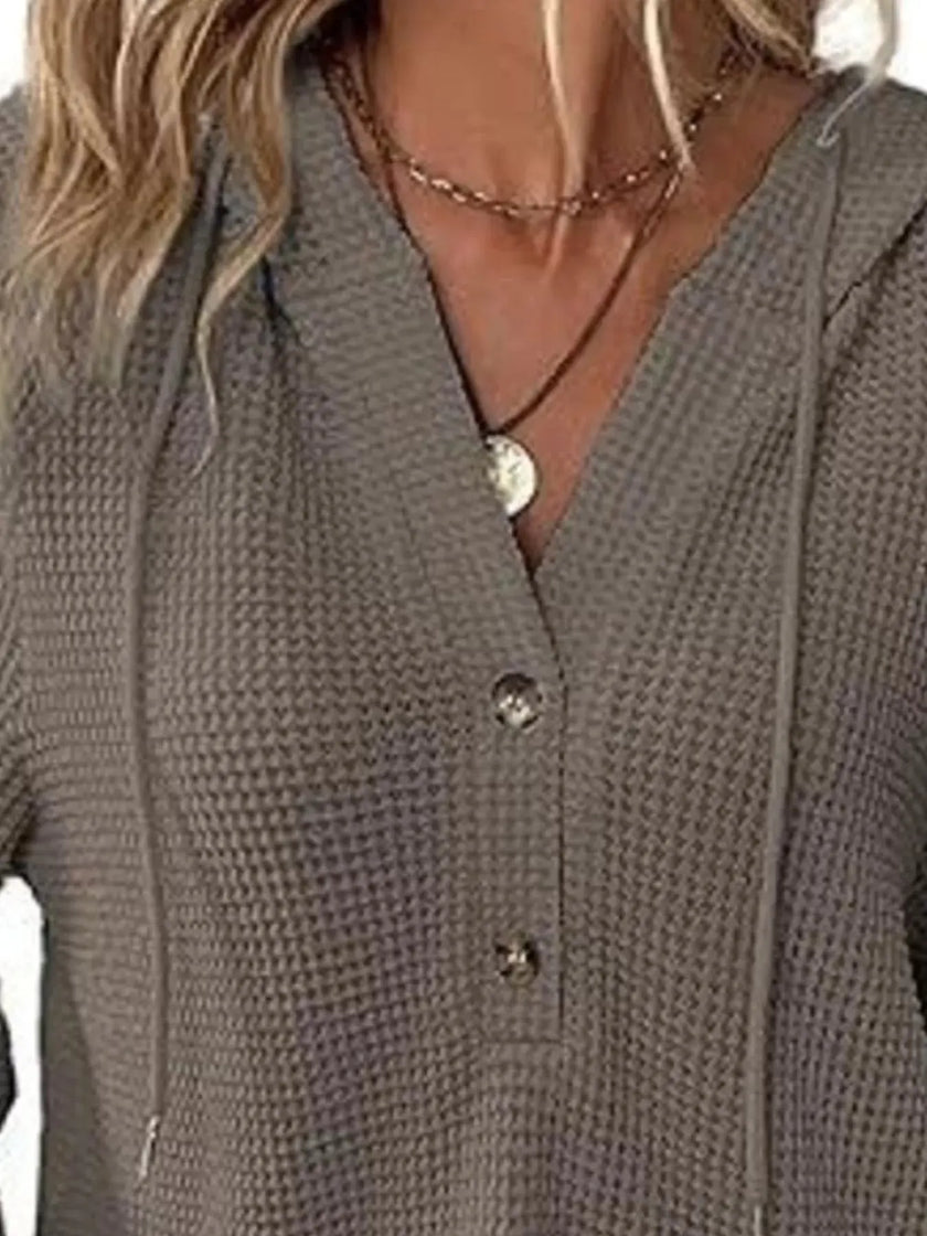Full Size Button Detail Waffle Knit Hoodie  Style Ratio