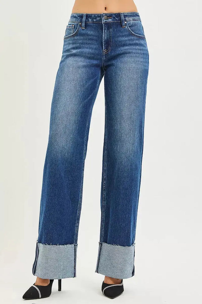 RISEN Mid Rise Wide Straight Jeans With Wide Cuff  Style Ratio