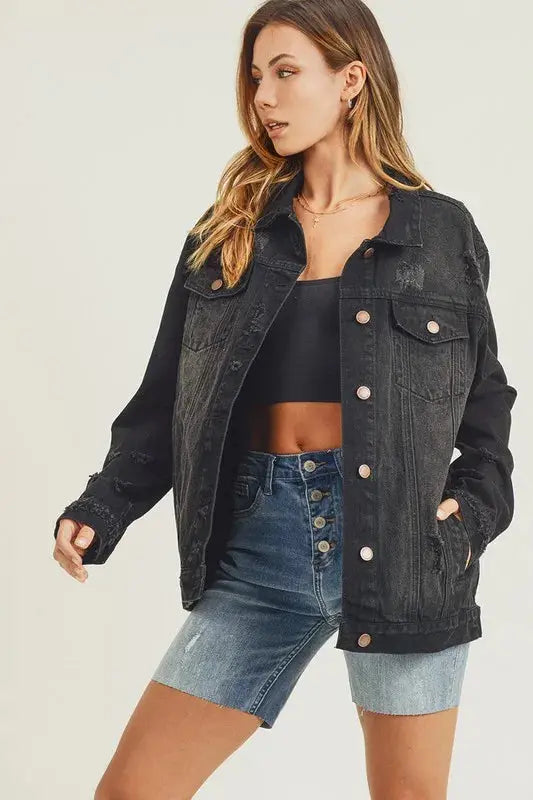 RISEN Full Size Distressed Long Sleeve Denim Shacket  Style Ratio