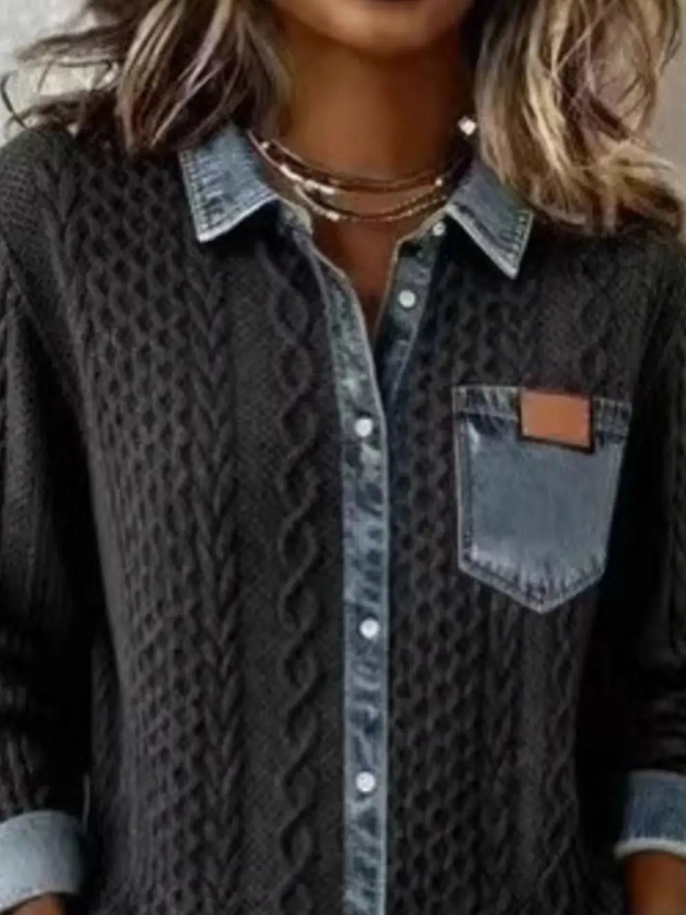 Denim Trim Cable Knit Top  Style Ratio