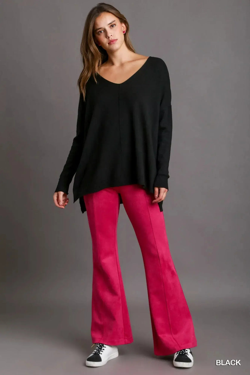Umgee V-Neck High Low Hem Sweatshirt with Side Slit  Style Ratio