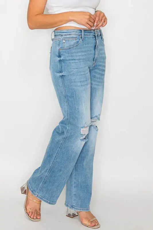 bytos Full Size Distressed High Rise Straight Jeans  Style Ratio