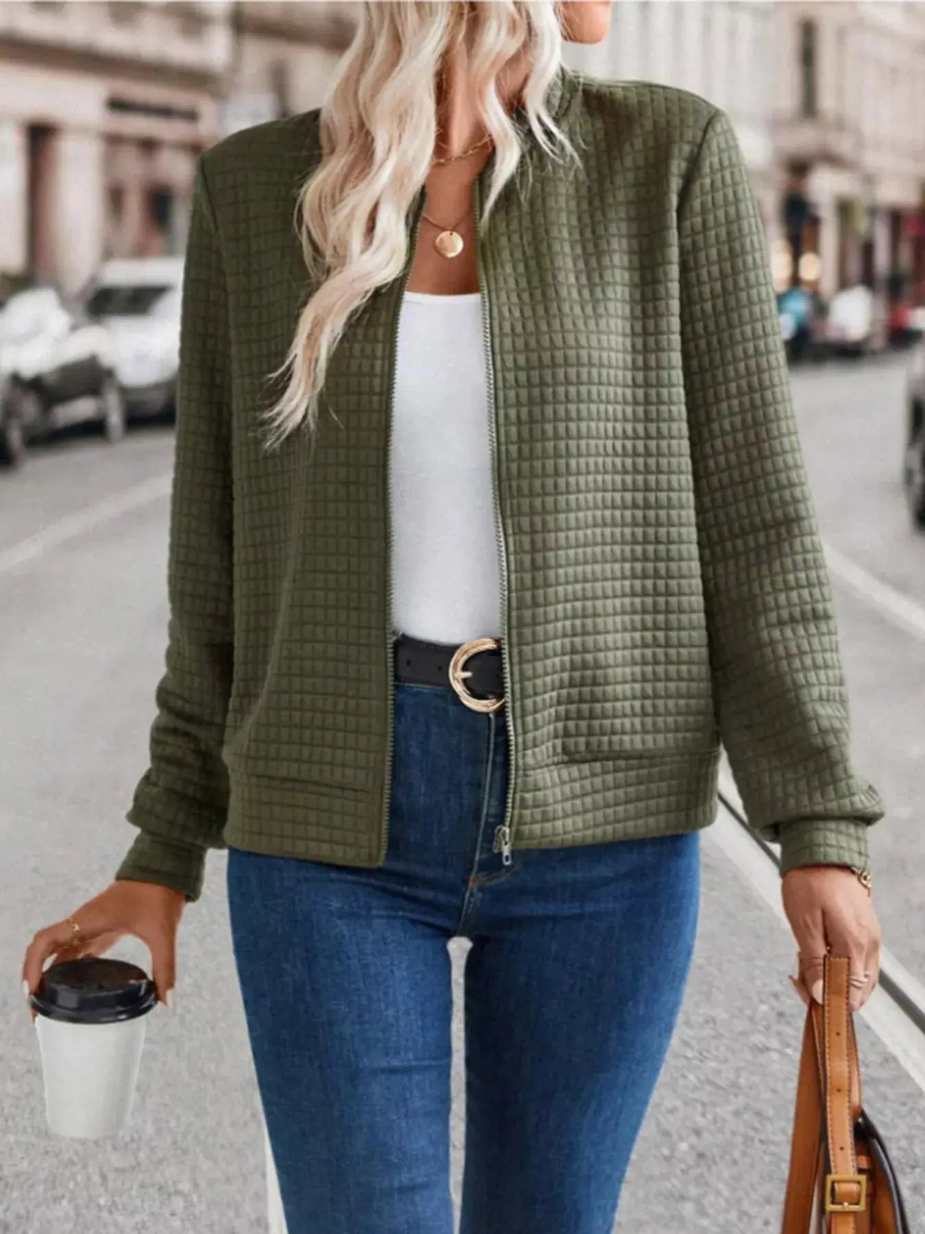Textured Zip-Up Long Sleeve Jacket  Style Ratio
