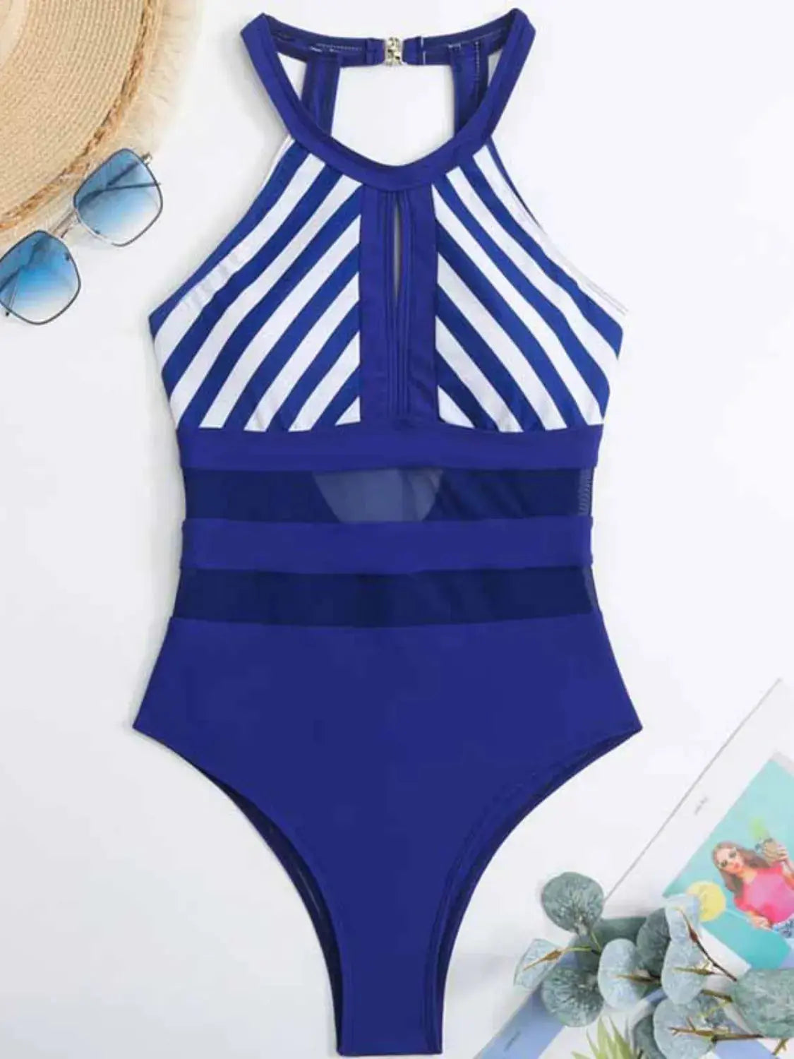 Mesh Detail Backless Striped One-Piece Swimsuit  Style Ratio