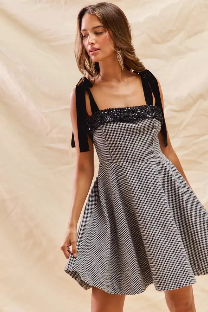 SO ME Houndstooth Fit Flare Mini Dress with Shoulder Tie  Style Ratio