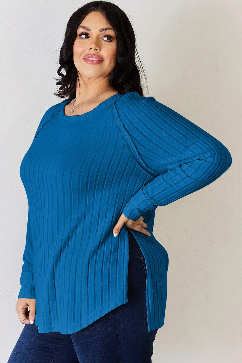 Basic Bae Full Size Ribbed Round Neck Long Sleeve Shirt  Style Ratio