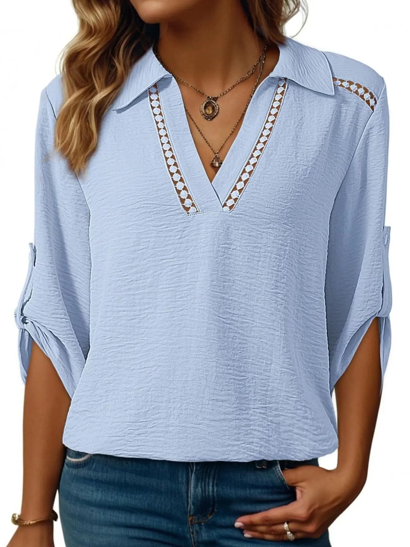 Johnny Collar Roll-Up Sleeve Blouse  Style Ratio