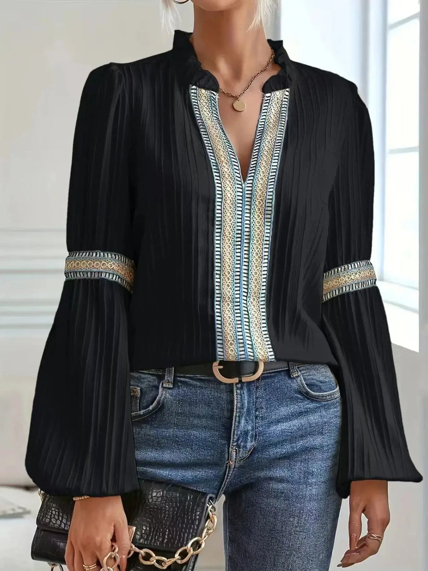 Notched Textured Balloon Sleeve Blouse  Style Ratio