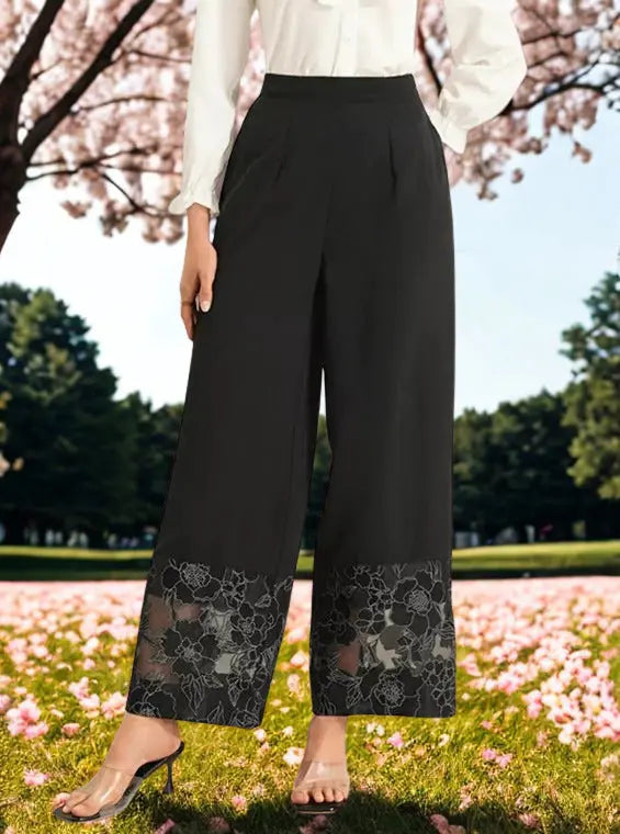 Floral Lace Hem Wide Leg Pants  Style Ratio
