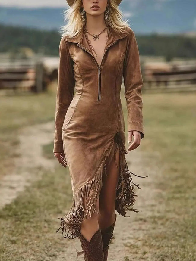 Full Size Fringe Hem Zip Front Bodycon Dress  Style Ratio