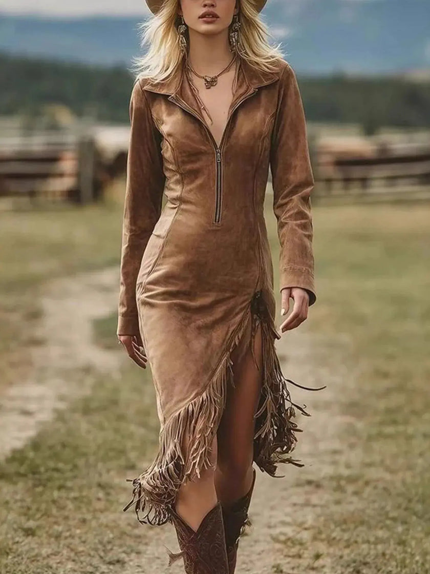 Full Size Fringe Hem Zip Front Bodycon Dress  Style Ratio
