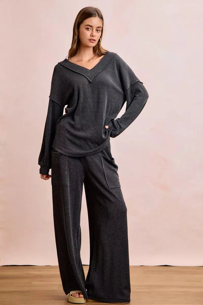 BiBi Two Tone Cord Rib Contrast Stitching V-Neck Top and Pants Set  Style Ratio