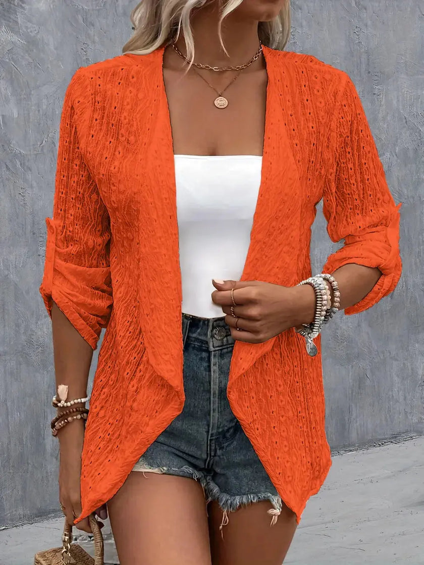 Eyelet Roll-Tab Sleeve Cardigan  Style Ratio