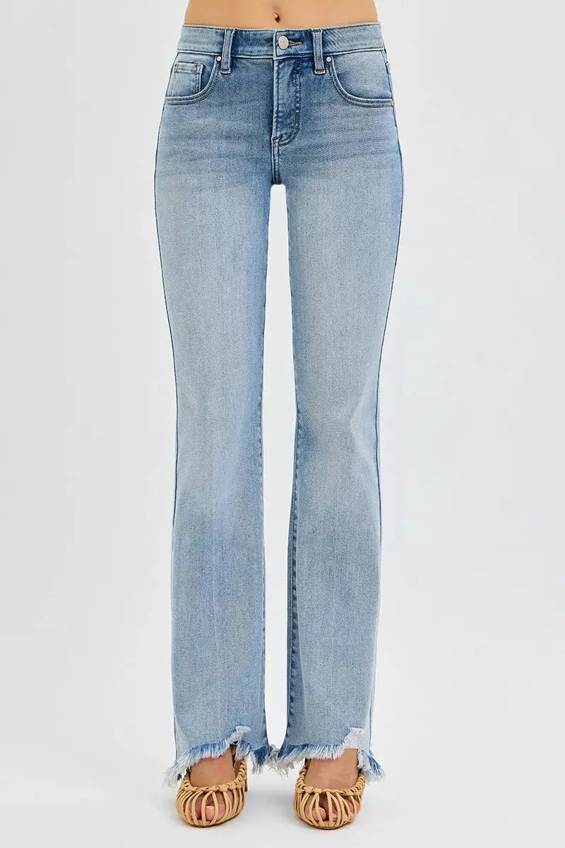RISEN Full Size Tummy Control Mid Rise Flare Jeans with Fray Hem Detailed  Style Ratio