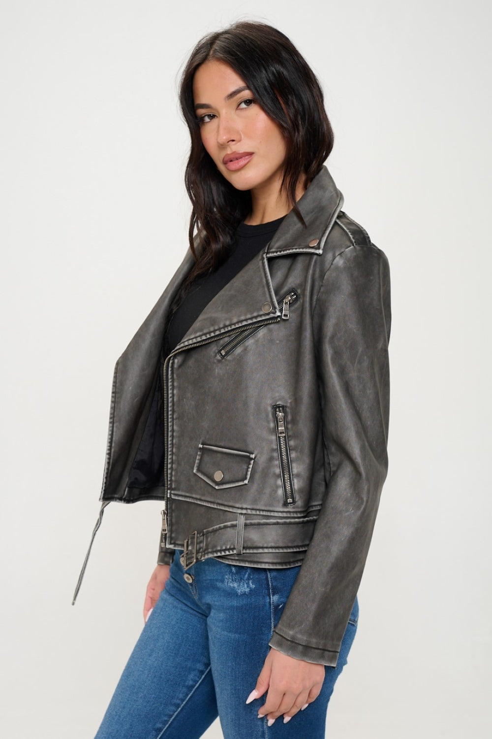 Asymmetrical Zip Up Biker Jacket with Belt