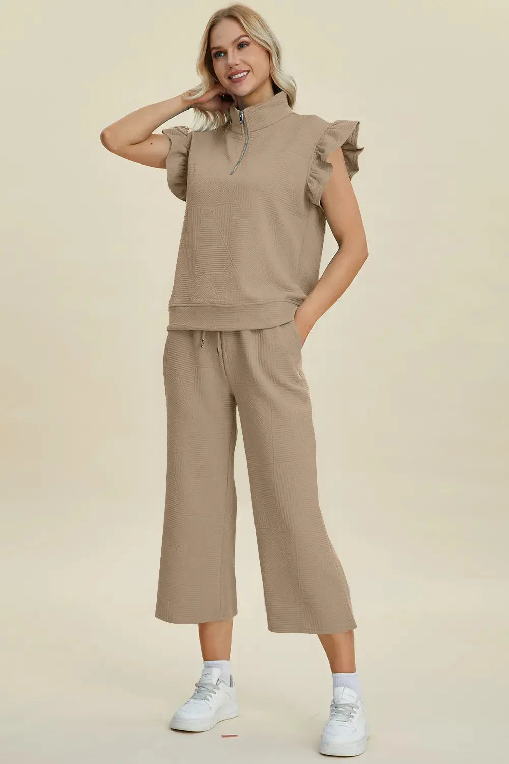 Double Take Full Size Texture Ruffle Short Sleeve Top and Wide Leg Pants Set  Style Ratio