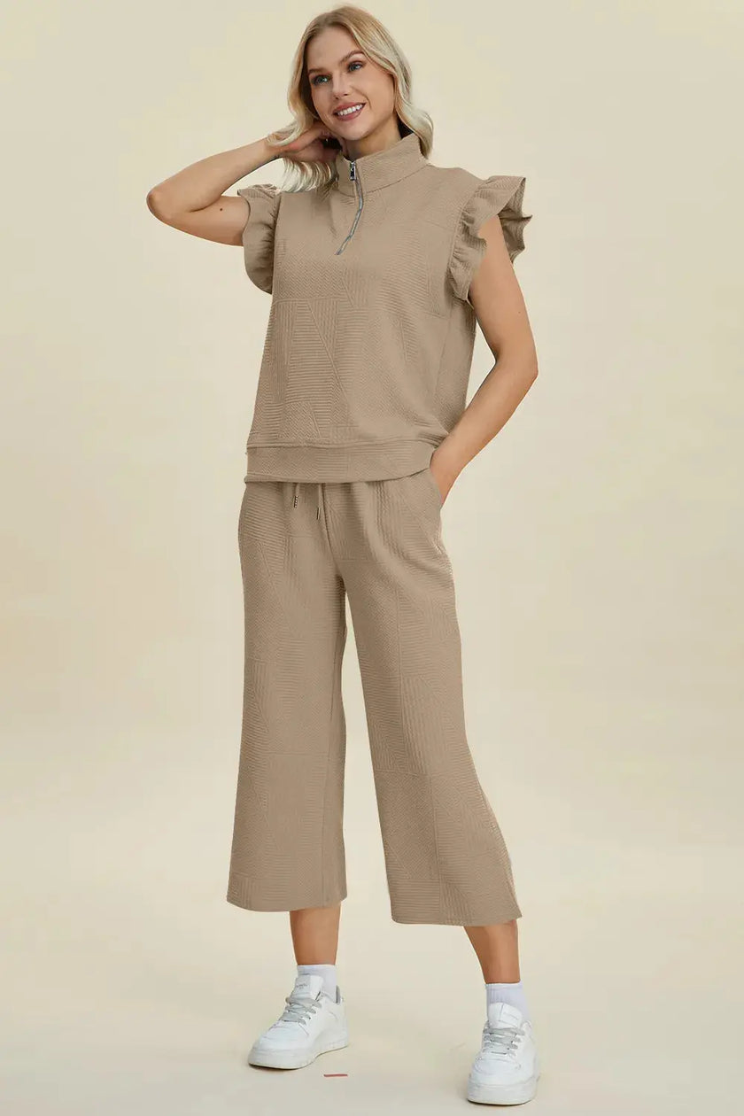 Double Take Full Size Texture Ruffle Short Sleeve Top and Wide Leg Pants Set  Style Ratio