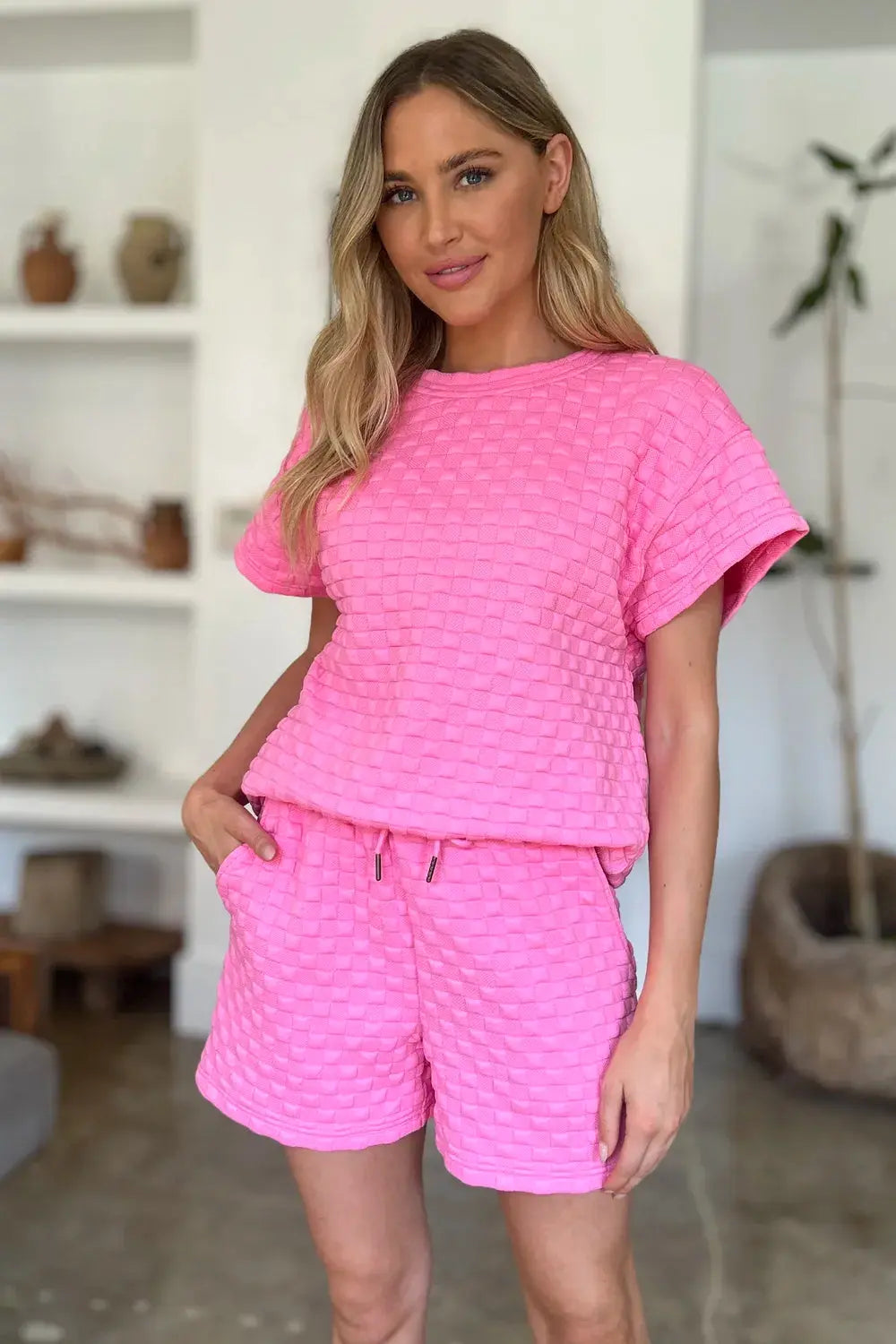 Double Take Full Size Texture T-Shirt and Shorts Set  Style Ratio