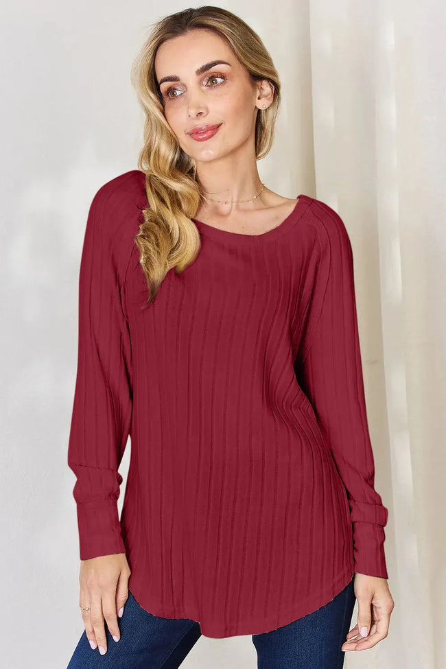 Basic Bae Full Size Ribbed Round Neck Long Sleeve Shirt  Style Ratio
