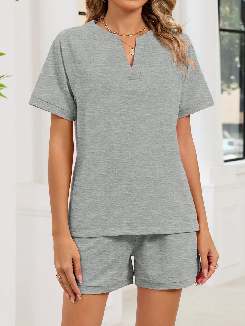 Notched Short Sleeve Top and Shorts Set  Style Ratio