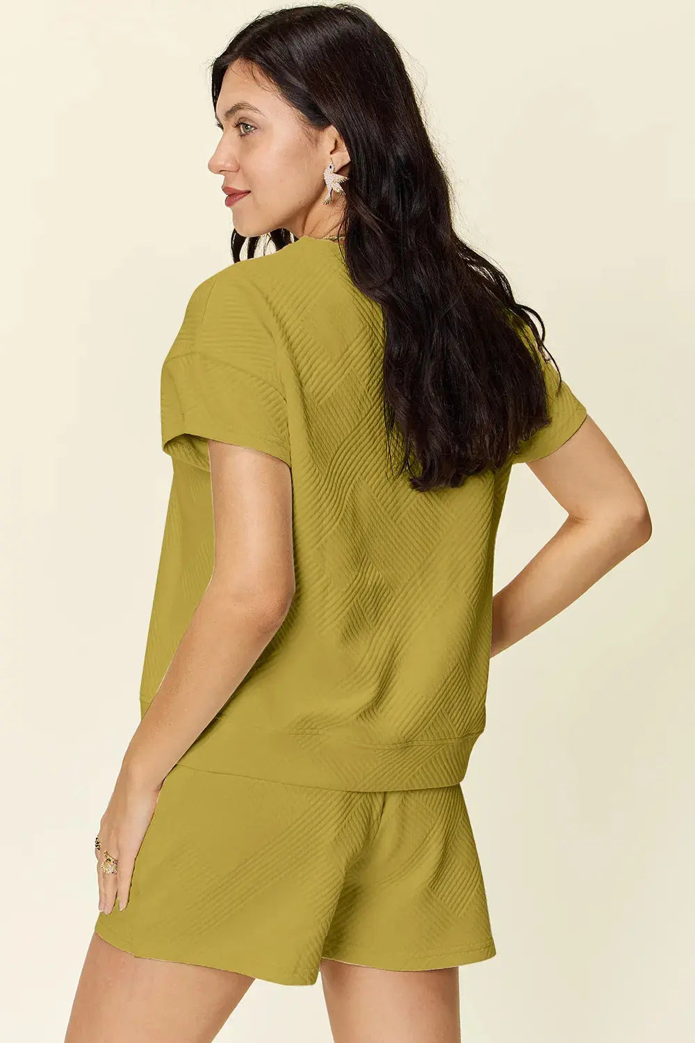 Double Take Full Size Texture Short Sleeve T-Shirt and Drawstring Shorts Set  Style Ratio