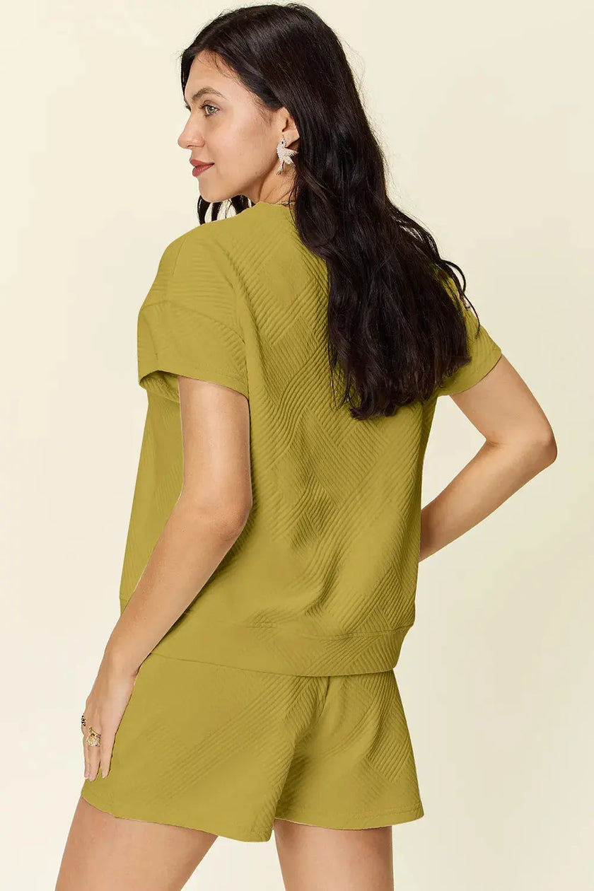 Double Take Full Size Texture Short Sleeve T-Shirt and Drawstring Shorts Set  Style Ratio