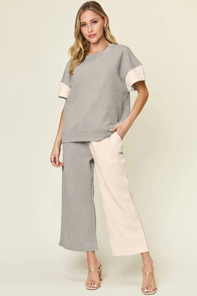 Double Take Contrast Shirt and Wide Leg Pants Set  Style Ratio