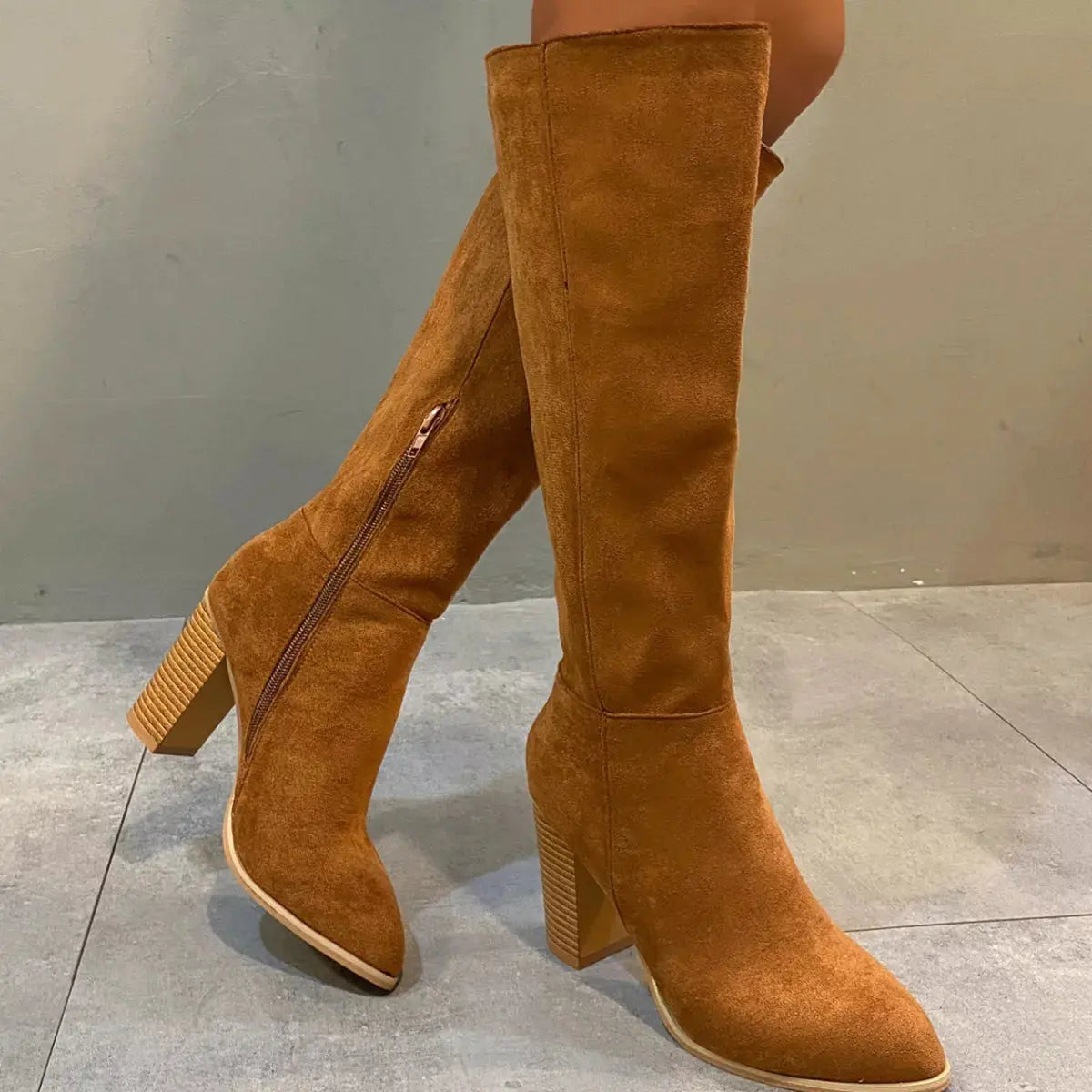 Point Toe Knee-High Suede Block Heel Boots  Style Ratio