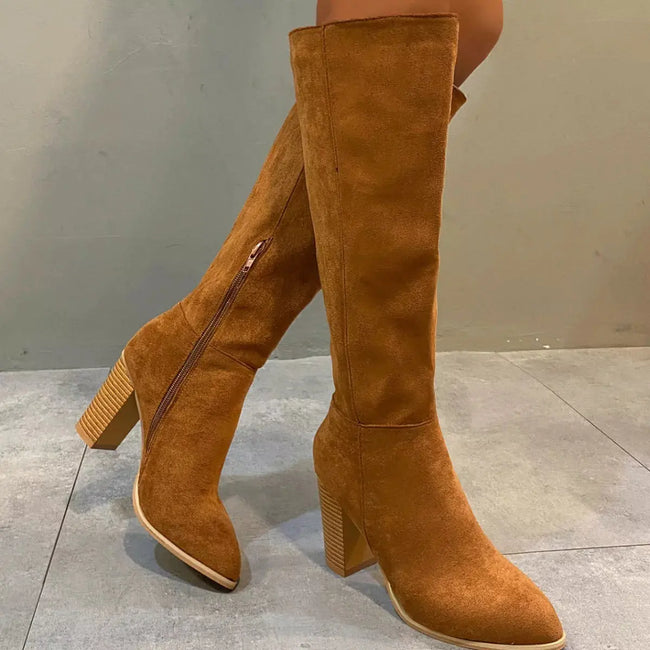 Point Toe Knee-High Suede Block Heel Boots  Style Ratio