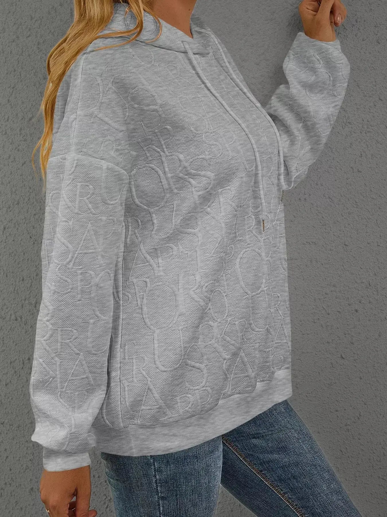 Full Size Embossed Lettering Casual Hoodie  Style Ratio
