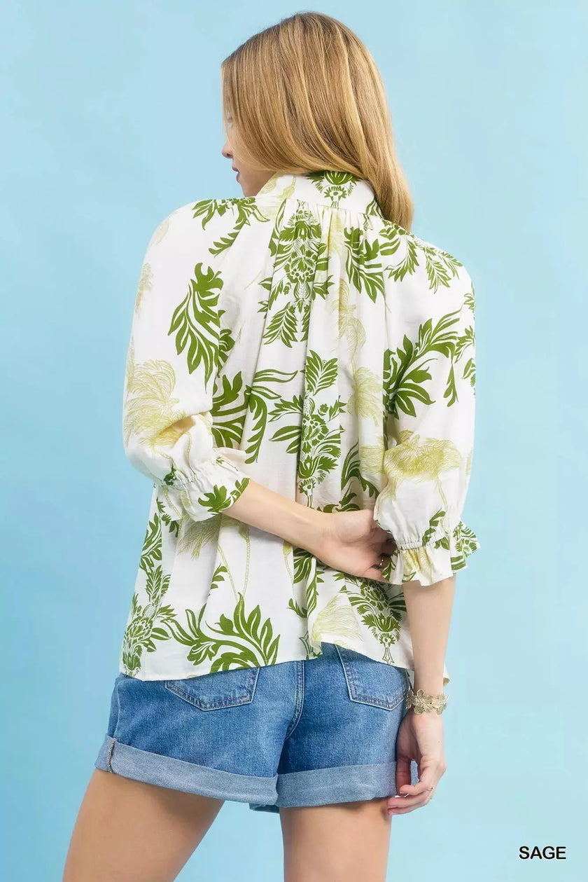 Umgee Leafy Damask Print Blouse with Contrast Scalloped Trim Detail  Style Ratio