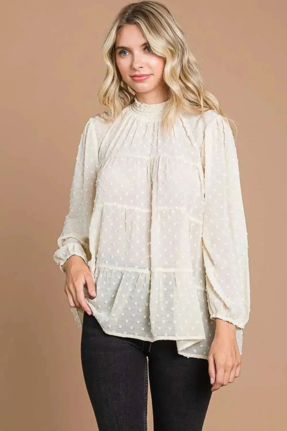 Culture Code Full Size Swiss Dot Smocked Mock Neck Blouse  Style Ratio