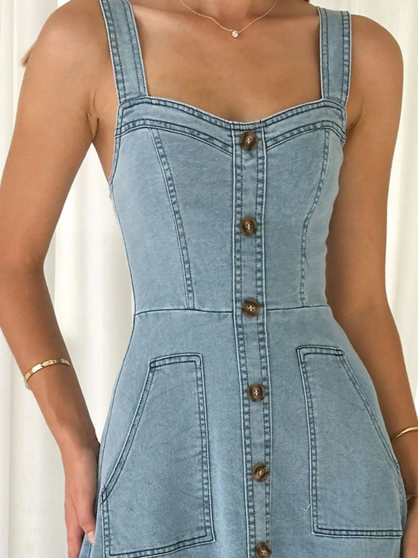 Decor Button Front A-Line Denim Dress  Style Ratio