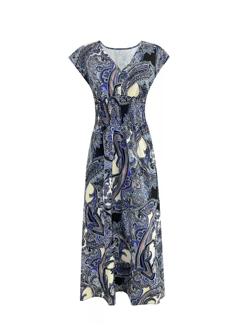 Printed V-Neck Cap Sleeve Maxi Dress  Style Ratio