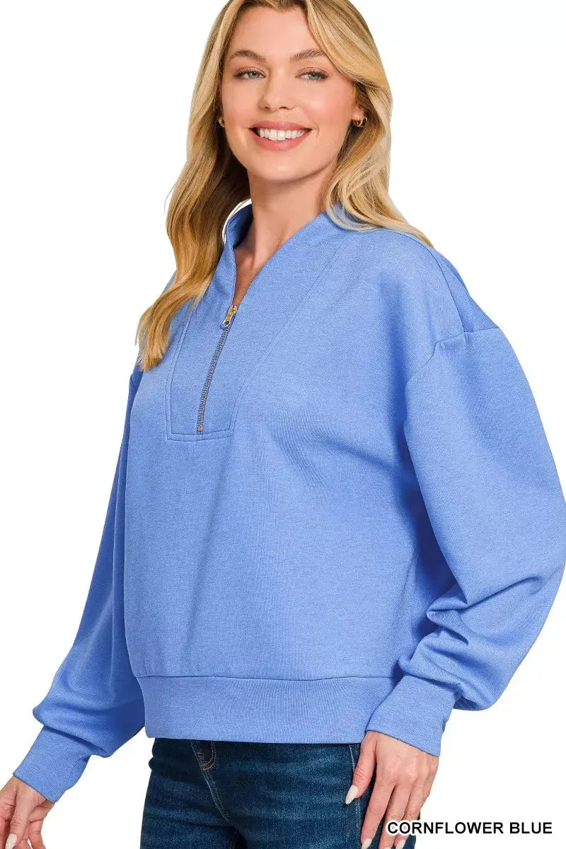 Zenana Scuba Half Zip Drop Shoulder Sweatshirt  Style Ratio
