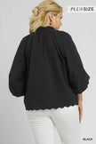 Umgee Full Size Textured Notched Balloon Sleeve Blouse  Style Ratio