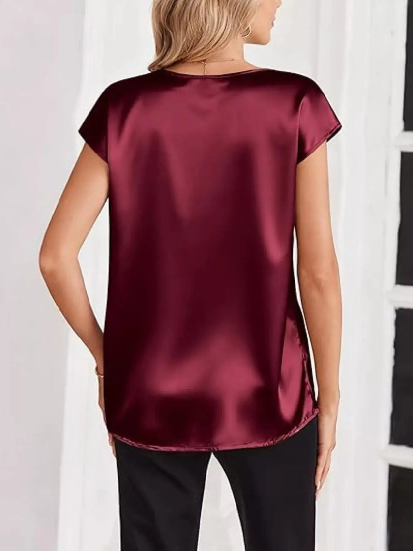Satin V-Neck Short Sleeve Blouse  Style Ratio