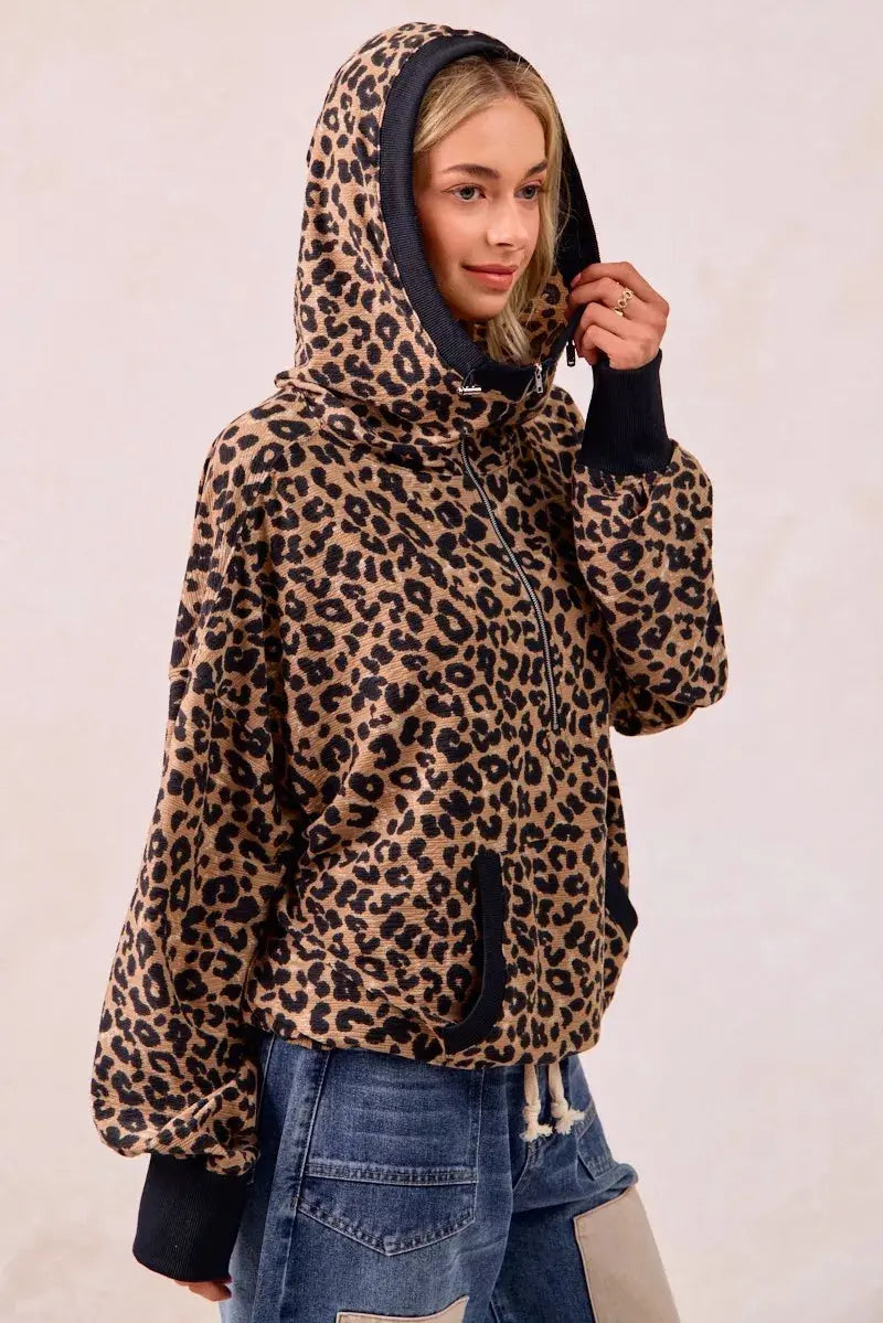 BiBi Leopard Print Waffle Half Zip Up Hoodie W Pocket  Style Ratio