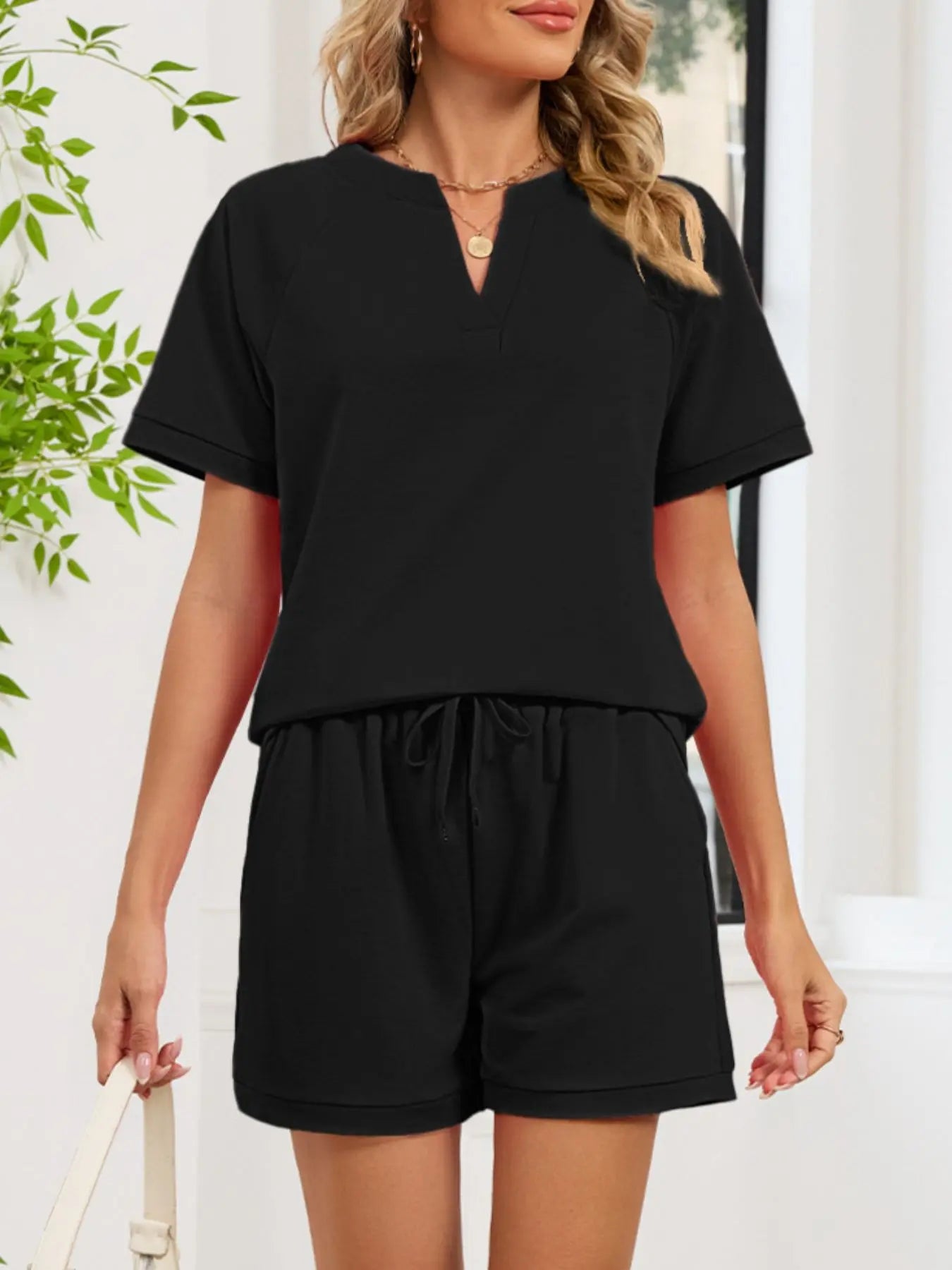 Notched Short Sleeve Top and Shorts Set  Style Ratio