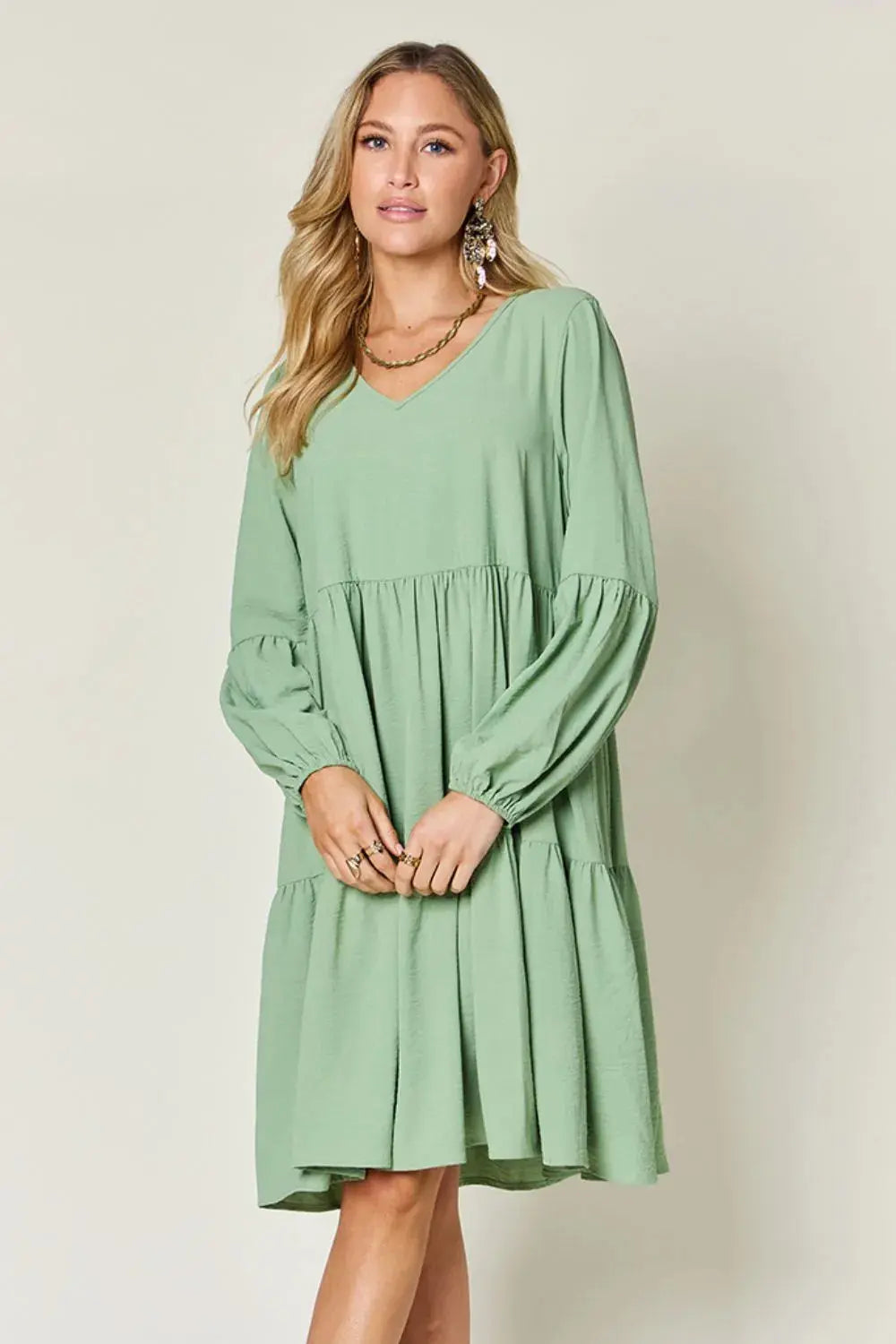 Double Take Full Size V-Neck Balloon Sleeve Tiered Dress with Pockets  Style Ratio
