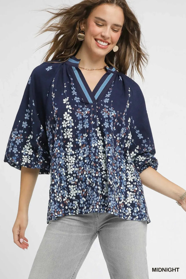 Umgee Full Size Floral Vine Print Blouse with Balloon Sleeves  Style Ratio