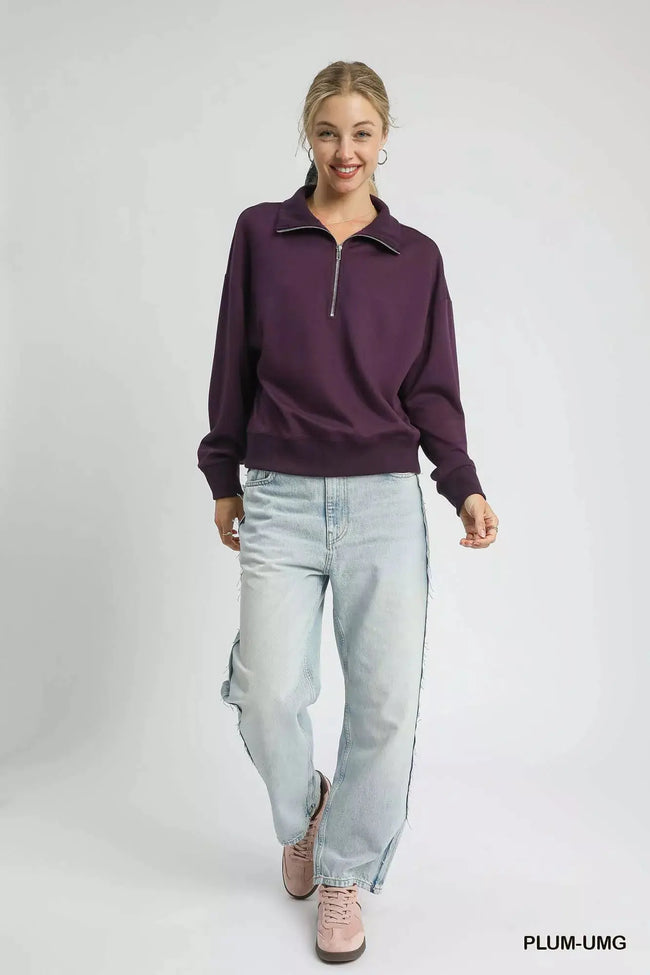 Umgee Half Zip Drop Shoulder Sweatshirt  Style Ratio