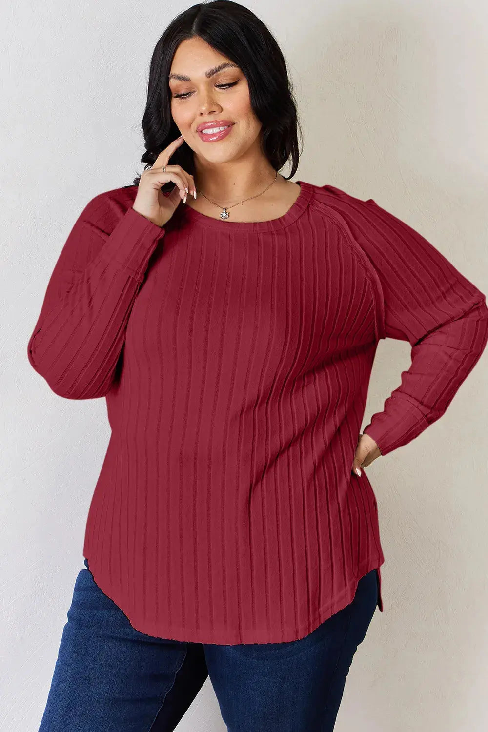 Basic Bae Full Size Ribbed Round Neck Long Sleeve Shirt  Style Ratio