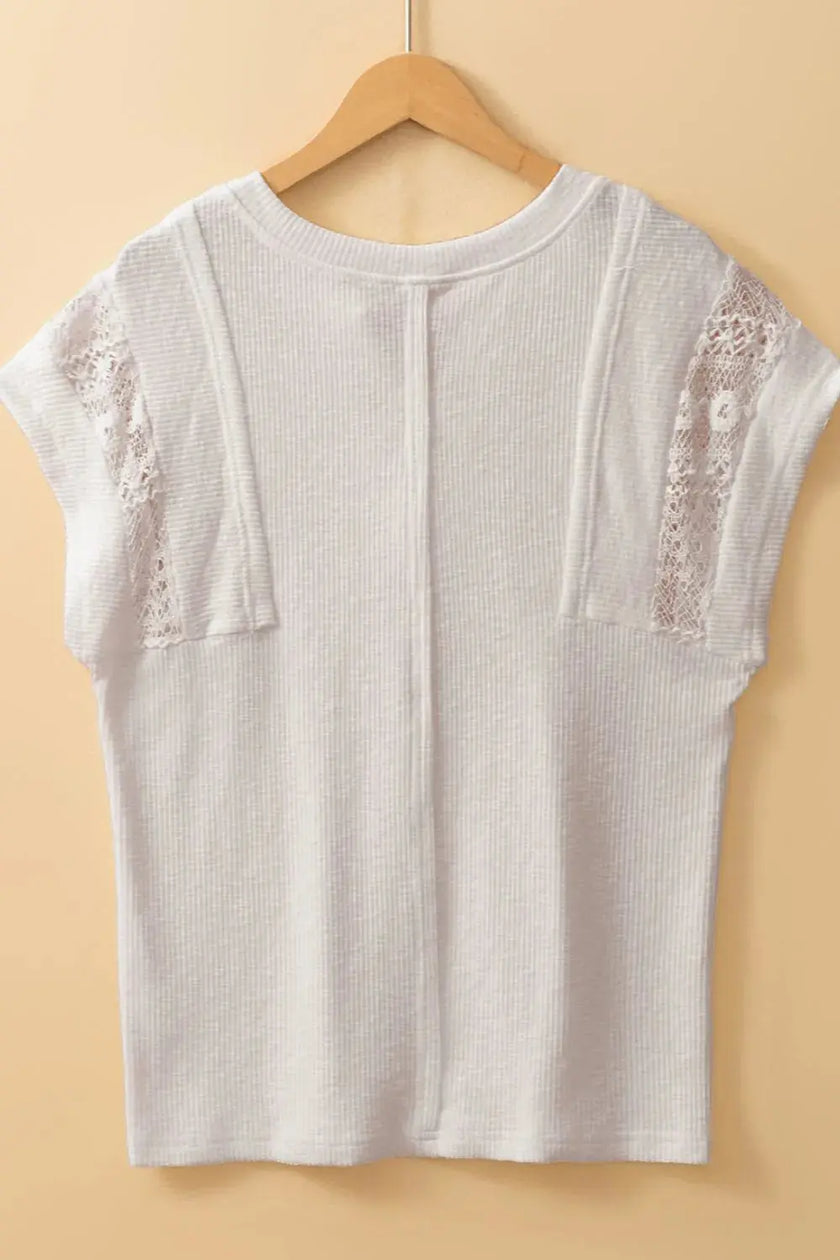 Ribbed Texture Lace Patchwork Short Sleeve Top  Style Ratio